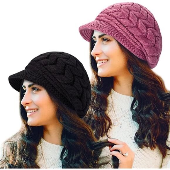 Women\'s 2 Piece Fleece Lined Snow Ski Caps Slouchy Winter Hat with Visor main image 5